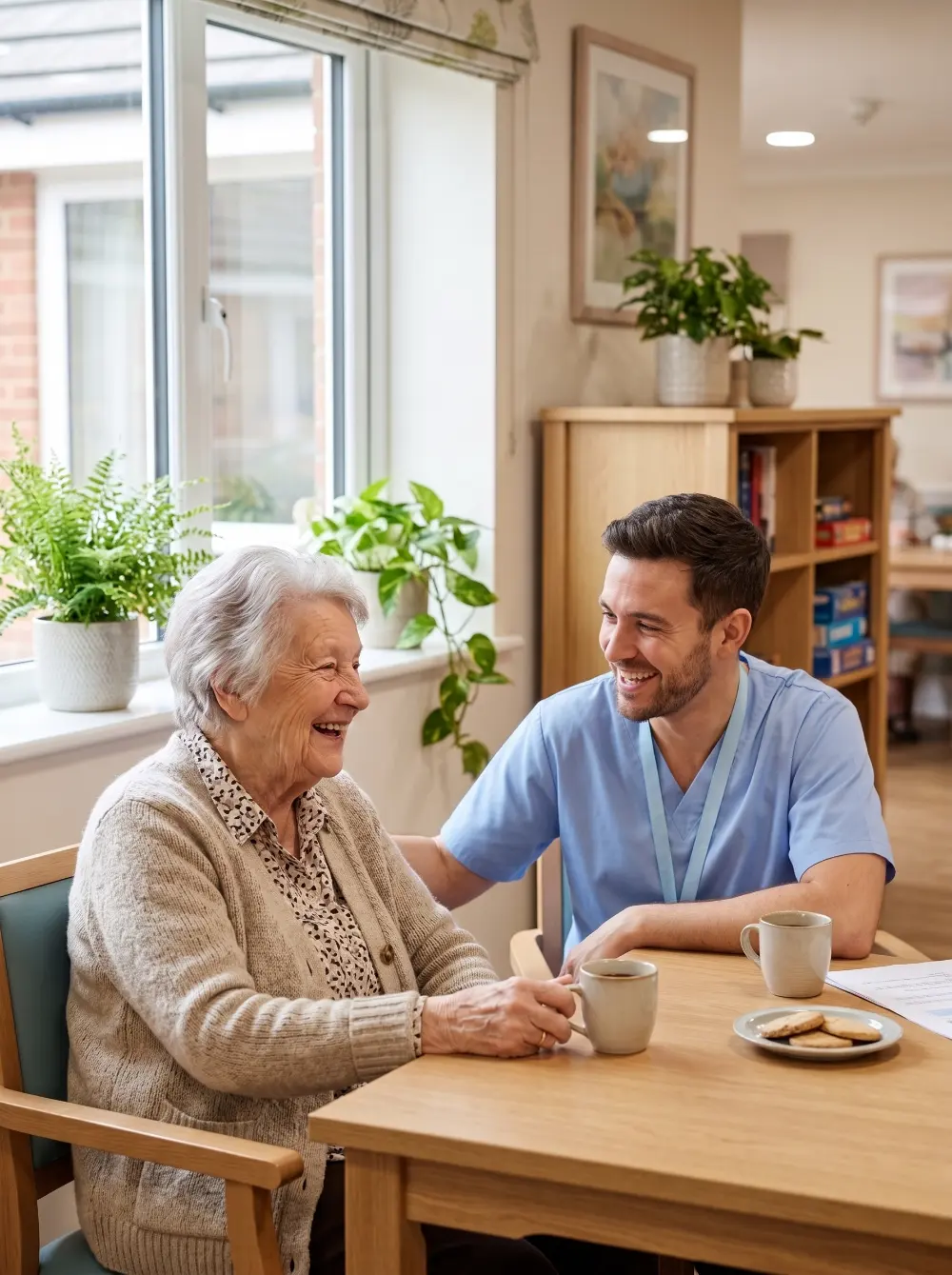 Eine Bewohnerin und eine Pflegekraft lachen gemeinsam am Tisch in einem hellen Gemeinschaftsraum