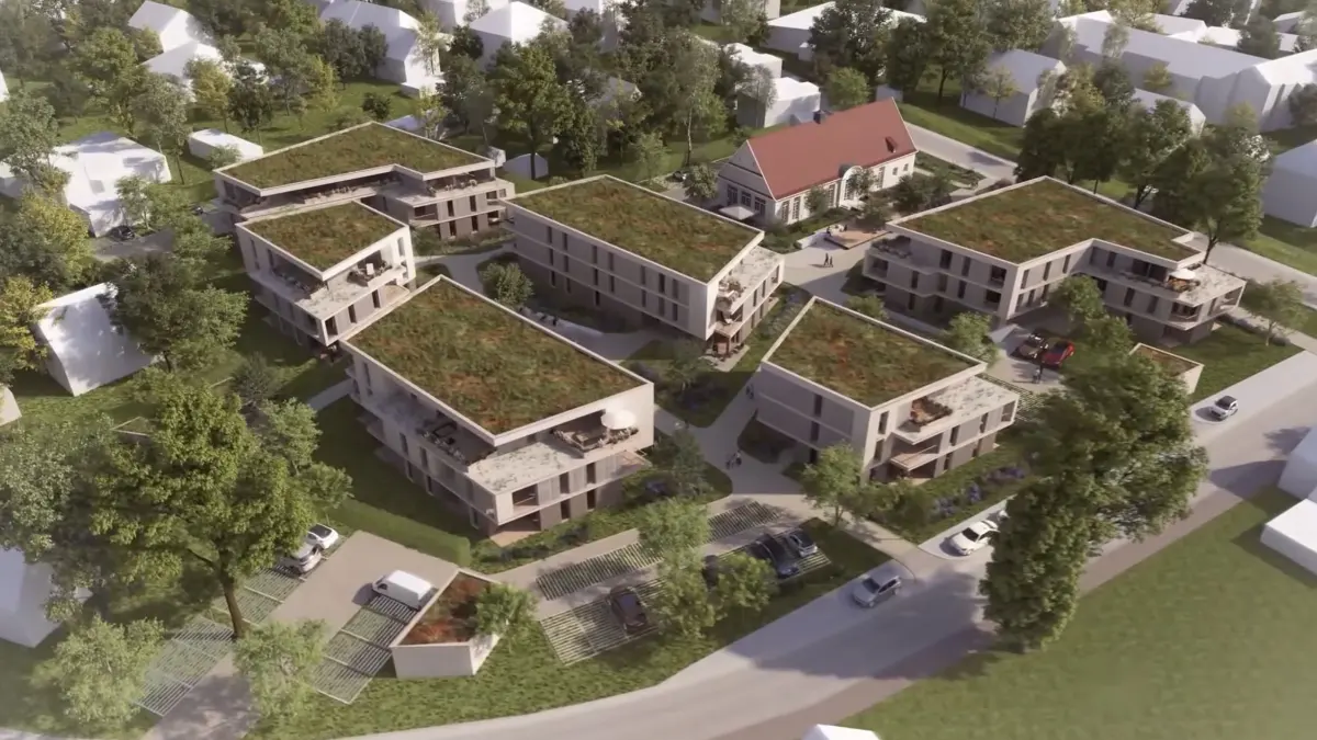 Visualisierung des Quartiers Wohnen an der Jahnhalle in Illertissen aus der Luft mit begrünten Dächern